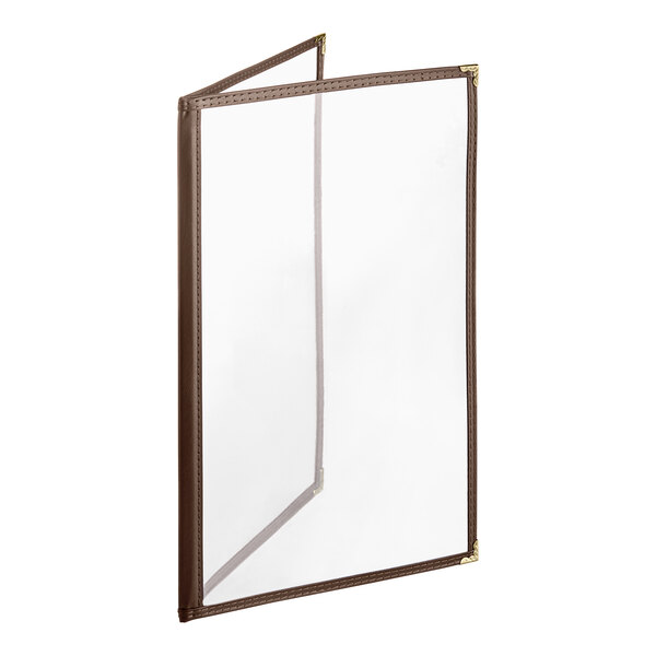 A brown 4 view menu cover with gold decorative corners.