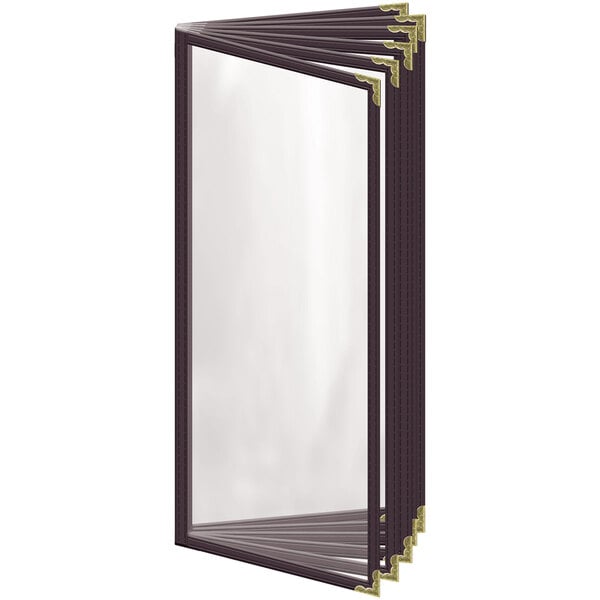 A rectangular brown vinyl menu cover with gold decorative corners.