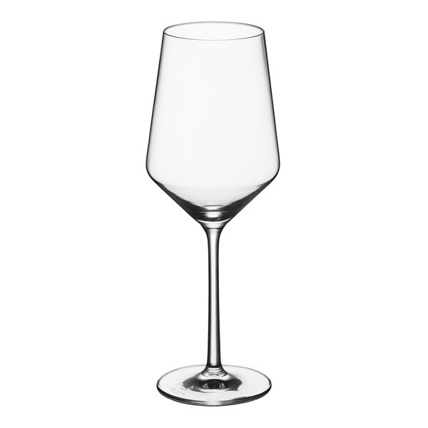 A close-up of a clear Zwiesel Glas Pure Sauvignon Blanc wine glass with a stem.