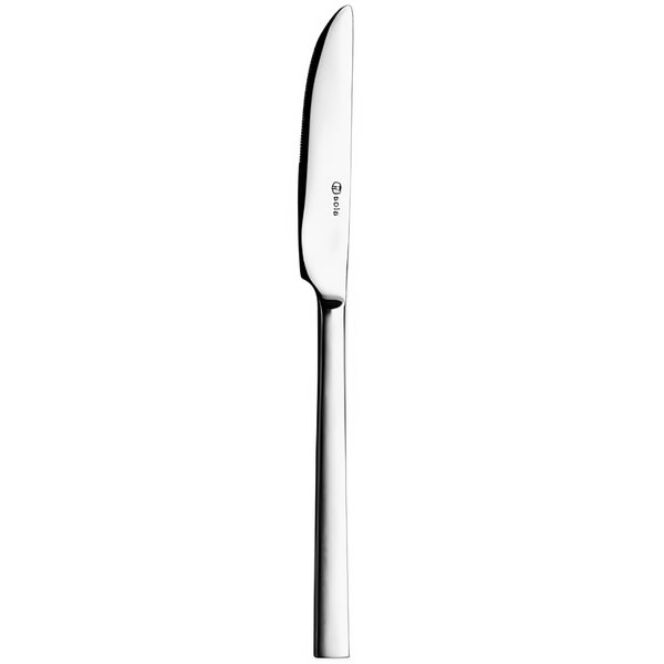 A close-up of a Sola stainless steel table knife with a silver handle.