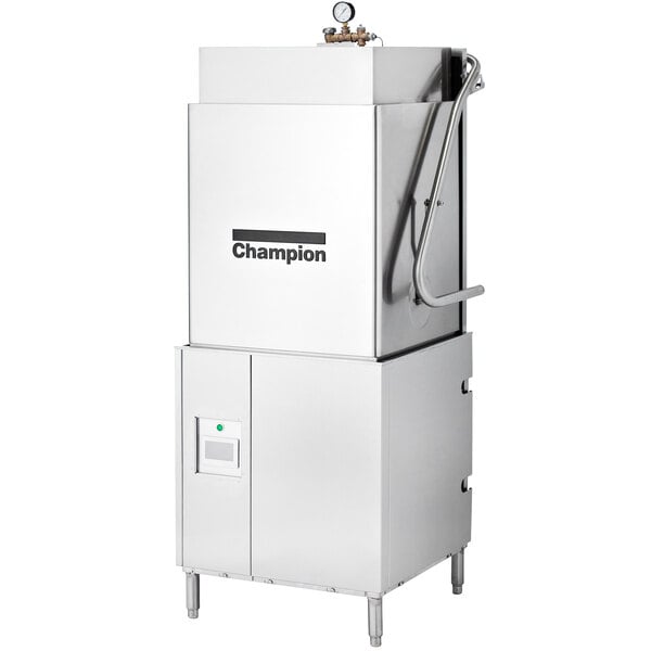 A Champion door-type high temperature tall hood dishwashing machine.