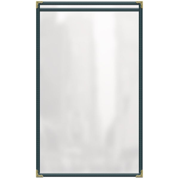 A rectangular white menu cover with gold decorative corners.