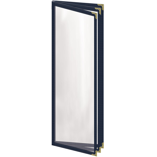 A white rectangular menu cover with gold decorative corners and a blue border.