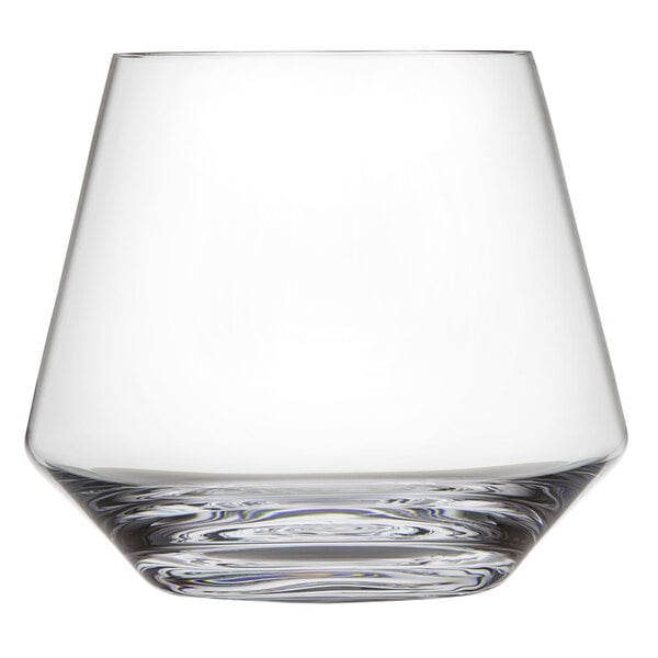 A close up of a Schott Zwiesel stemless wine glass with a curved edge on a white background.