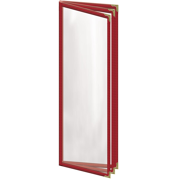 A red rectangular menu cover with gold corners and a white background.