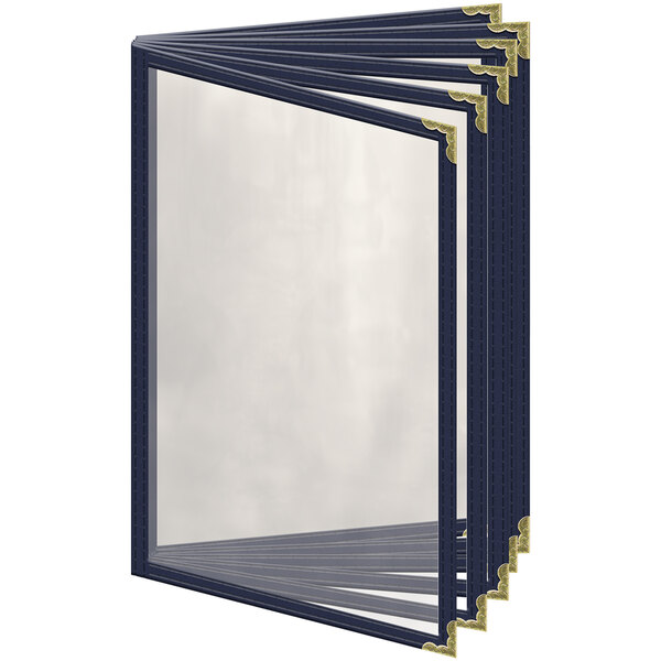 A group of blue H. Risch, Inc. deluxe menu covers with gold decorative corners.