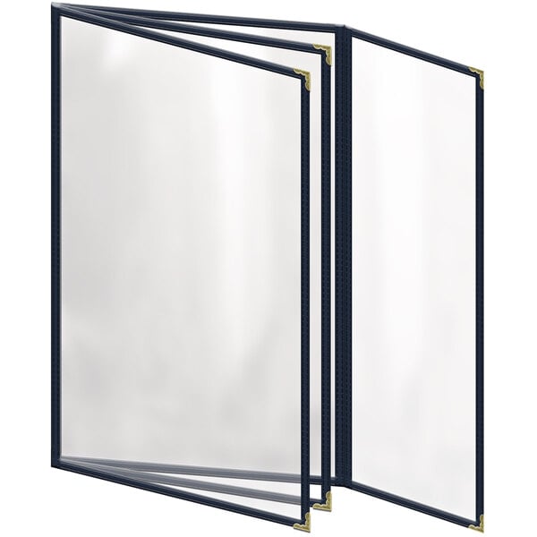A white rectangular menu cover with a black border and gold decorative corners.