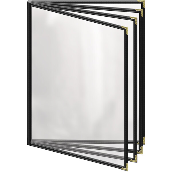 A group of black H. Risch, Inc. TEDD menu covers with gold decorative corners.
