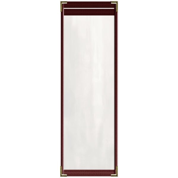 A rectangular maroon vinyl menu cover with gold decorative corners and a glossy finish.