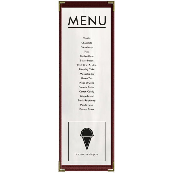 A maroon vinyl menu cover with gold corners and a red frame with white text on a white background.