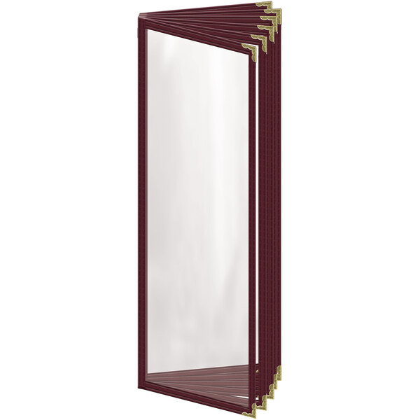 A maroon H. Risch, Inc. vinyl menu cover with gold corners on a white background.