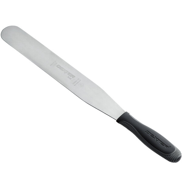 a large metal knife with a black handle