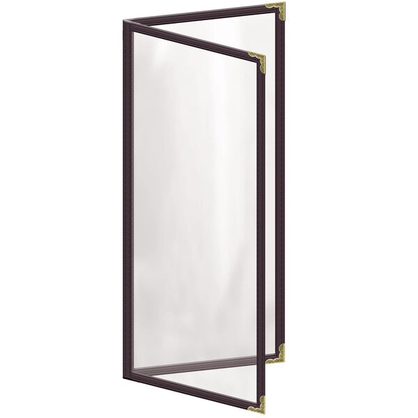 A rectangular brown menu cover with gold trim and decorative corners.
