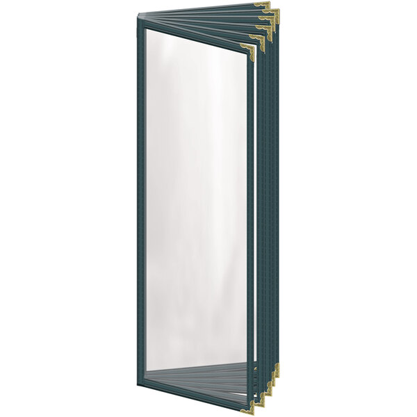 A close up of a H. Risch, Inc. green vinyl menu cover with gold decorative corners.