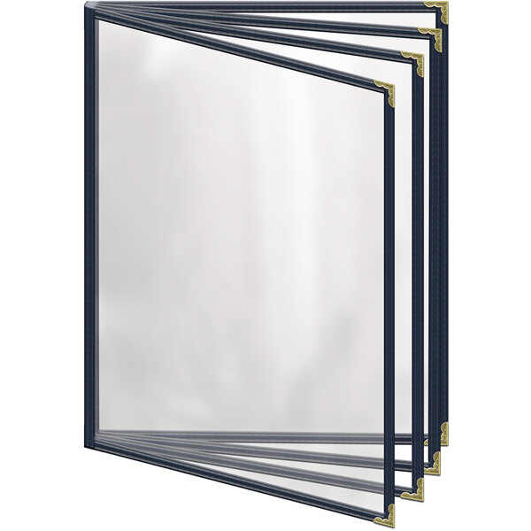 A group of blue H. Risch menu covers with gold corners and trim.
