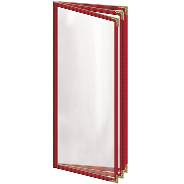 A red rectangular menu cover with gold decorative corners.