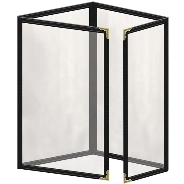 A black vinyl menu cover with gold decorative corners.