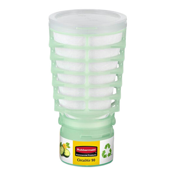 A Rubbermaid CirculAir 90 Cucumber Melon passive air freshener system refill with a green plastic casing and a white interior.
