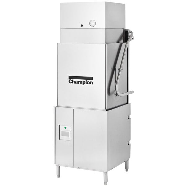 A large Champion door-type dishwashing machine with a tall hood.