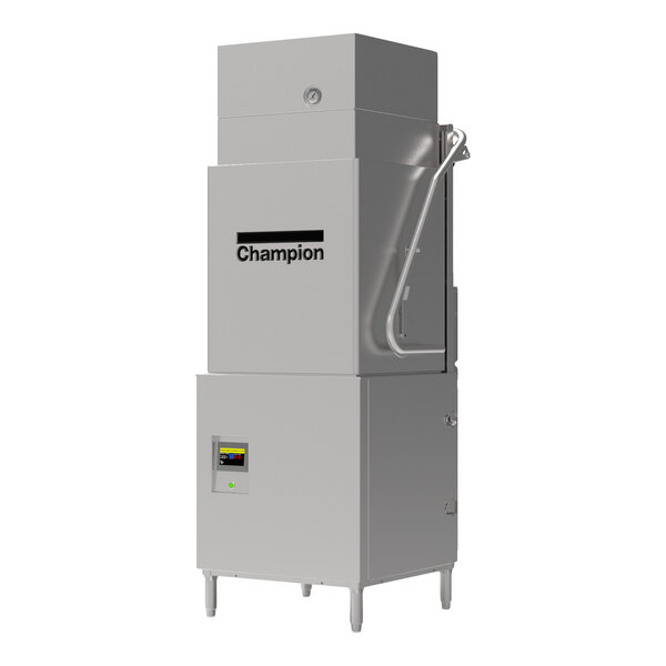 A commercial high temperature tall hood dishwashing machine with a booster and ventless heat recovery system.