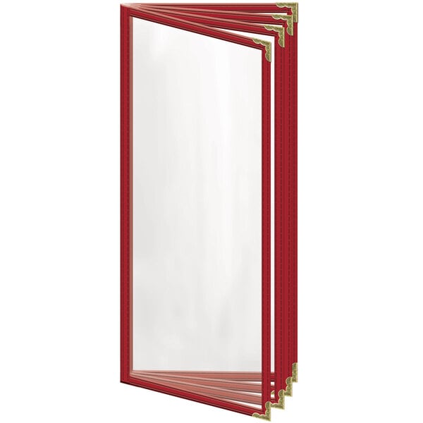 A red rectangular menu cover with gold decorative corners.