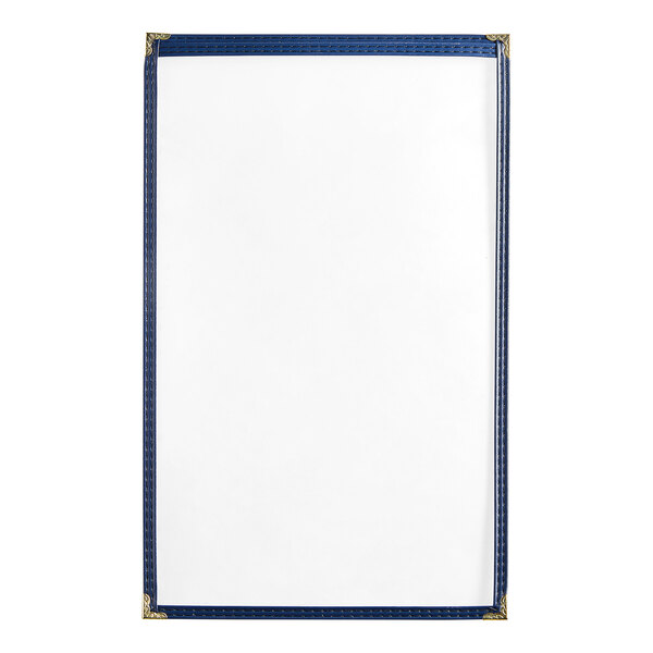 A white board with blue trim holding a white sheet with blue and gold trim.