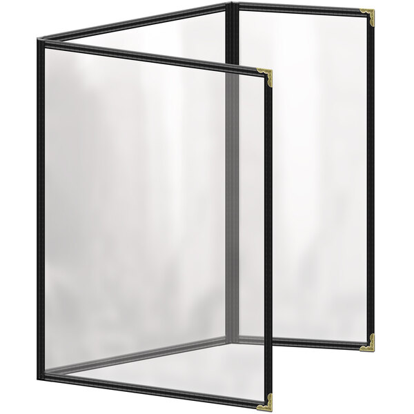 A black menu cover with gold corners and a clear window.
