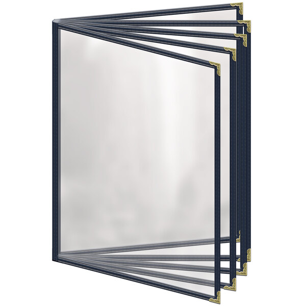 A stack of three blue H. Risch, Inc. vinyl menu covers with gold decorative corners.