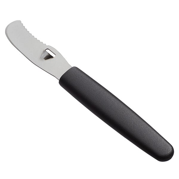 A Mercer Culinary stainless steel citrus peeler/zester with a black handle and silver blade.