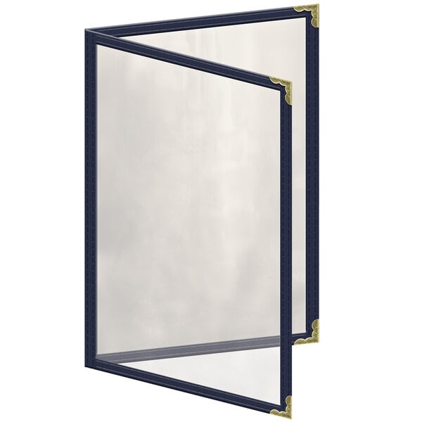 A blue rectangular menu cover with a glass window and gold corners.