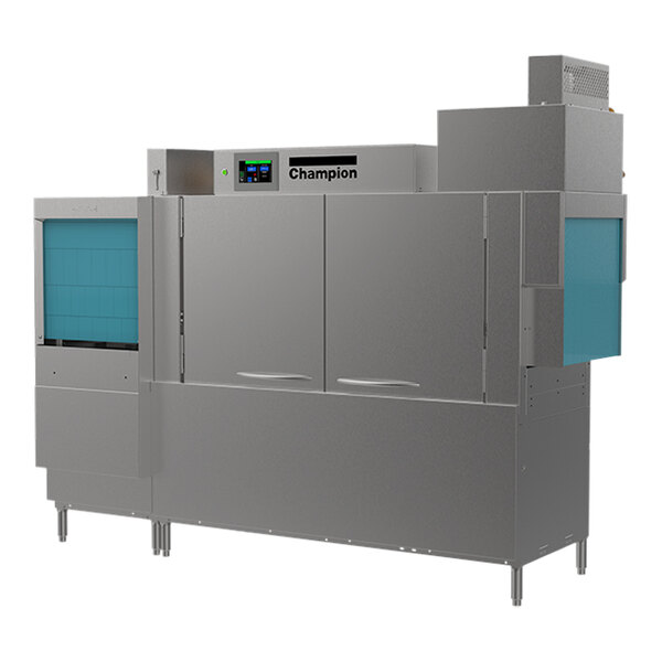 A large grey Champion conveyor dishwasher with blue doors.