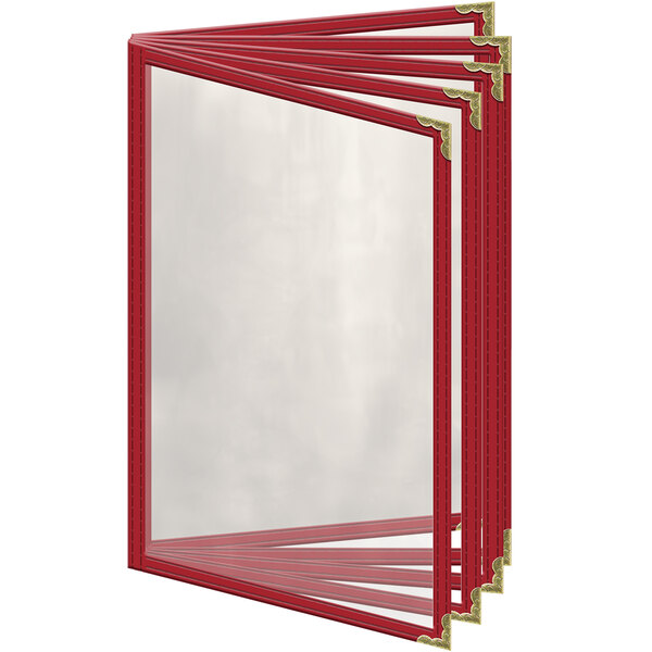 A red H. Risch, Inc. vinyl menu cover with gold decorative corners and 10 clear pockets.