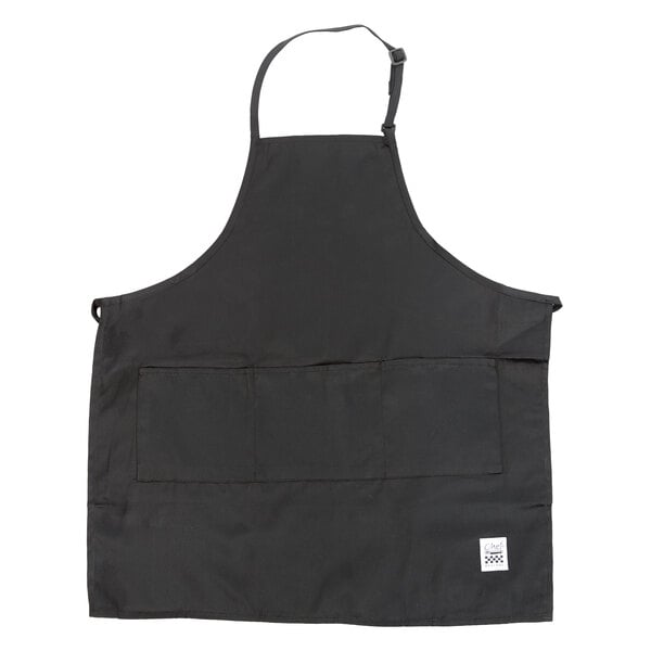 a black apron with a white logo