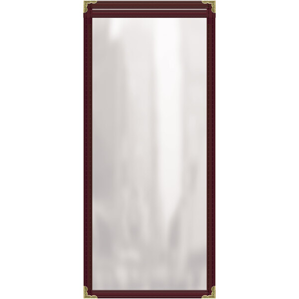 A white rectangular menu cover with a maroon border and gold decorative corners.