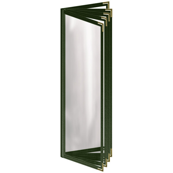 A green H. Risch, Inc. vinyl menu cover with gold decorative corners.