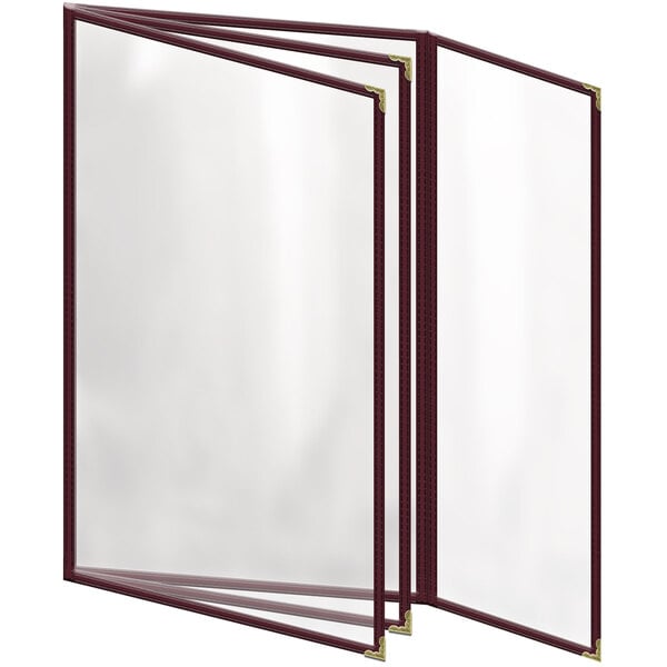 A maroon H. Risch menu cover with gold corners and a glossy finish.