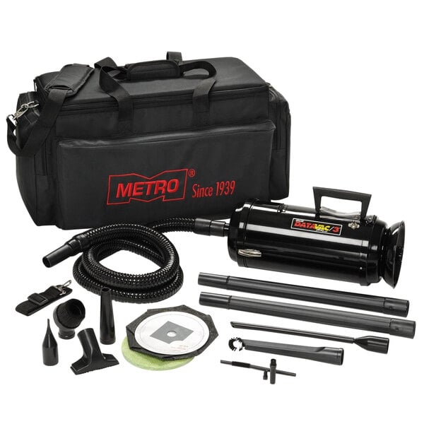 A black carrying case with a red and yellow MetroVac logo.