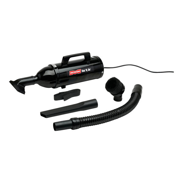 A black handheld canister vacuum cleaner with a handle and various attachments including a hose, brush, and nozzle.
