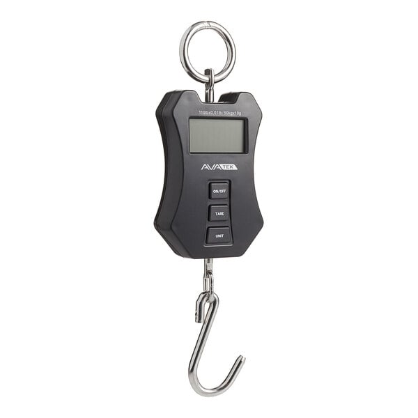A black AvaWeigh digital hanging scale with a screen and hooks.
