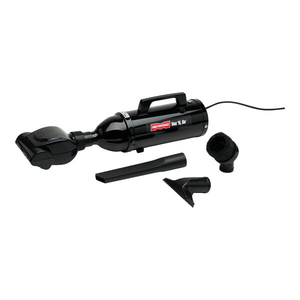 A black handheld canister vacuum cleaner with a turbine brush and three additional attachments.