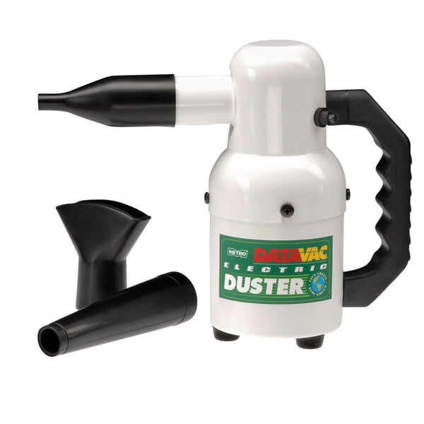 A white and black MetroVac Datavac Electric Duster with attachments.