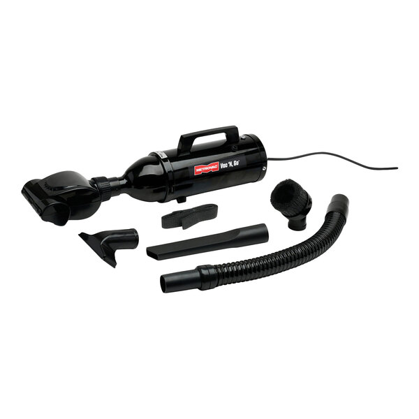 A black handheld canister vacuum cleaner with a turbine brush and multiple attachments.