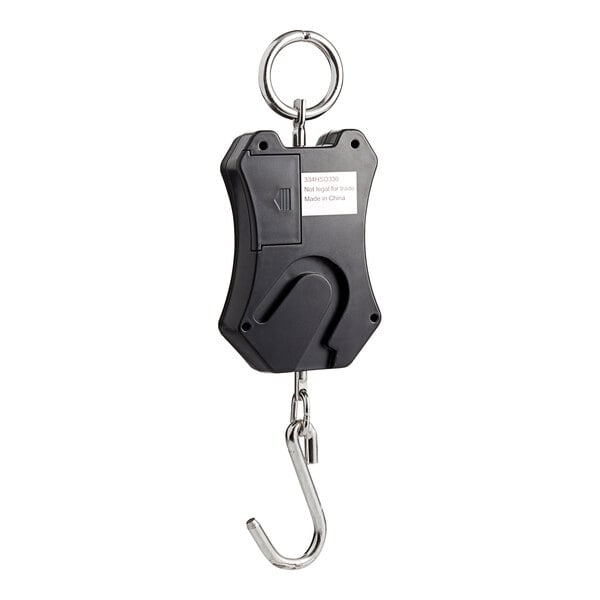 A black digital hanging scale with a metal hook and ring for weighing items.