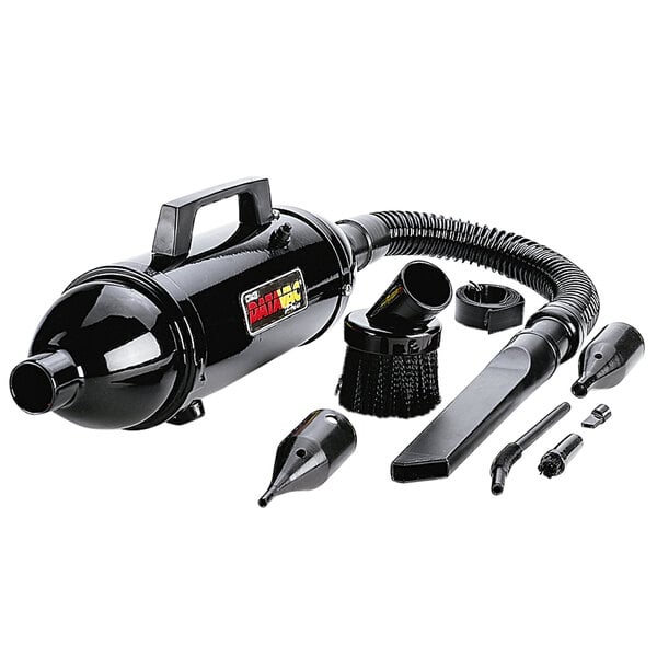 a black vacuum cleaner with various accessories