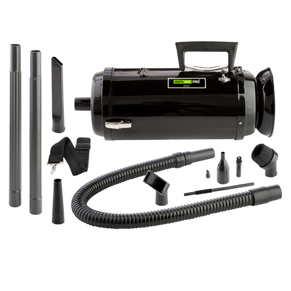 A black MetroVac handheld toner vacuum cleaner with tubes and hose accessories.