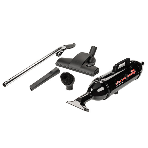 A MetroVac ElectraSweep vacuum cleaner with black handle and accessories.