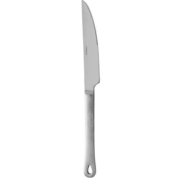A close up of the silver handle of a Oneida Cooper steak knife.