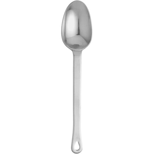 A white rectangular object with a Oneida Cooper stainless steel teaspoon with a black handle.