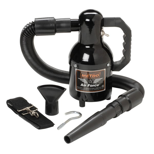 A black MetroVac Air Force Sidekick industrial blower with hoses and a strap.