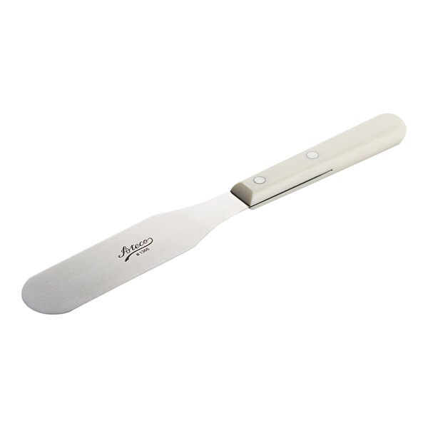 A metal spatula with a straight, flat blade and a light-colored handle.